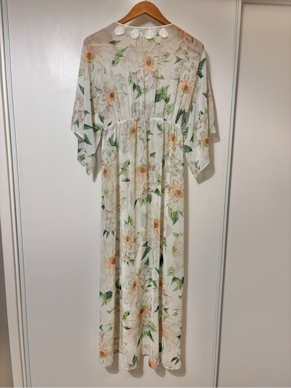 Farm Rio Floral Dress Size Small Dahlia Kimono Sleeve Boho Maxi Sheer Crochet - Picture 4 of 16